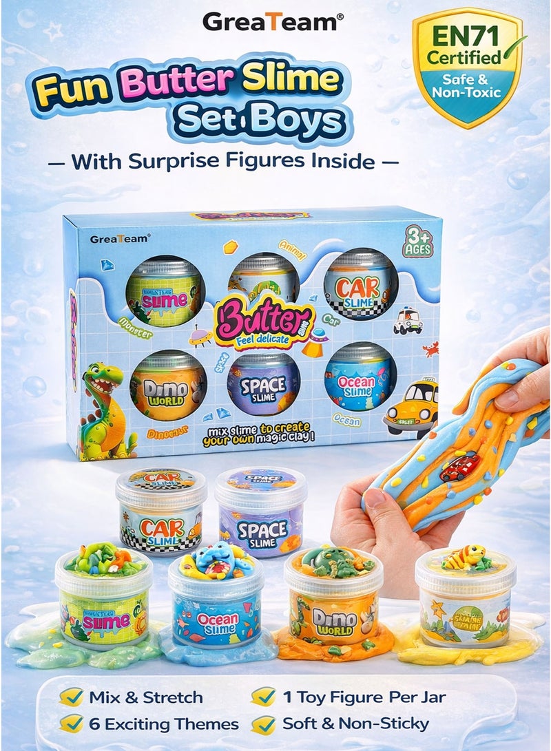 GreaTeam Butter Slime 6PCS Slime Set for Kids with 6 Surprise Toy Figures Inside – Monster Slime, Car Slime, Space Slime, Wild Animal Slime, Ocean Slime, Dino World Slime – Soft Stretchy Non-Sticky Mix & Create Sensory Play Fidget Toy – Boys Accessories Slime Kit – EN71 Certified Safe Non-Toxic – Educational Learning Toy Gift for Boys & Girls Ages 3 Years+ - Image 2